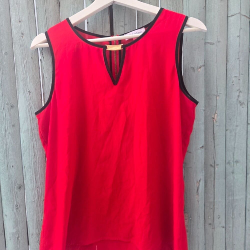 Calvin Klein Red Sleeveless Blouse Size Small | Gold Zip Neck Trim Top